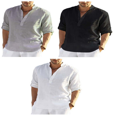Men's Casual Cotton Linen Solid Color Long Sleeve Shirt Loose Stand Collar Astrazona
