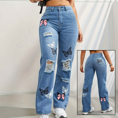 High Waisted Straight Leg Jeans For Women Trendy Butterfly Print Ripped Distressed Denim Pants Dropshipman