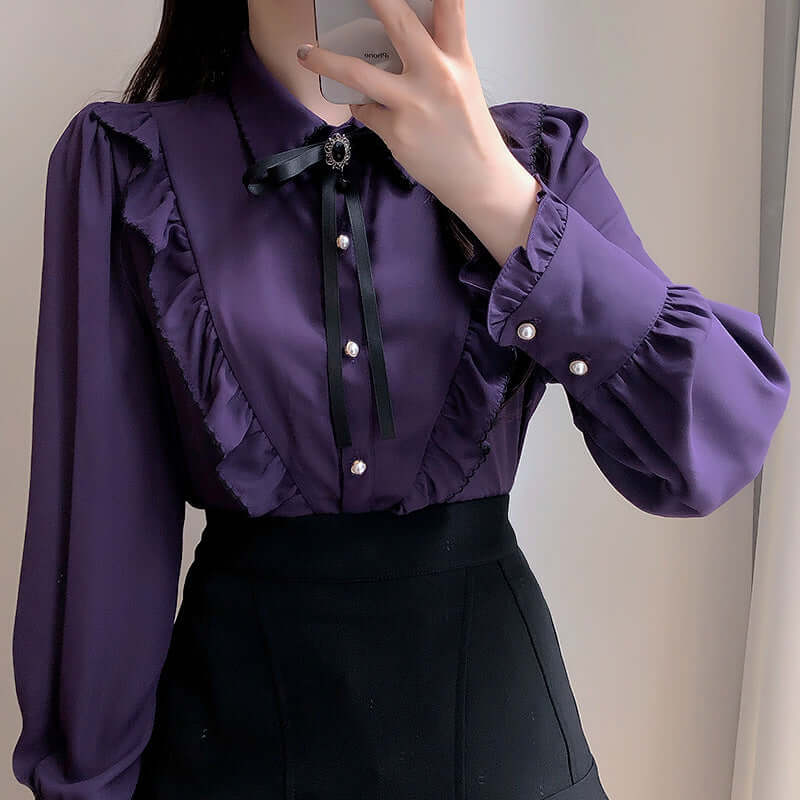 Preppy Style Pearl Buckle Bow Ruffled Collar Shirt eprolo
