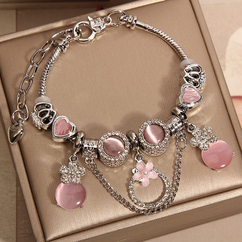 Women's Mori Style Pink Cat's Eye Cute Flowers Pendant Bracelet eprolo