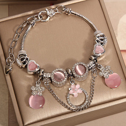 Women's Mori Style Pink Cat's Eye Cute Flowers Pendant Bracelet eprolo