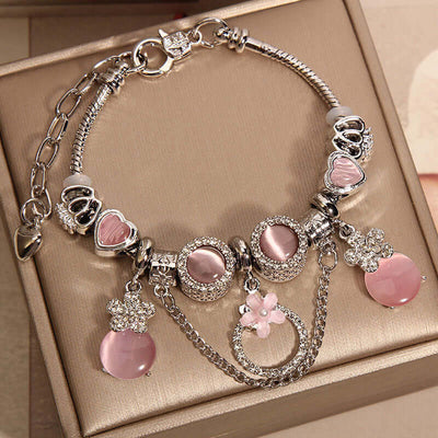 Women's Mori Style Pink Cat's Eye Cute Flowers Pendant Bracelet eprolo