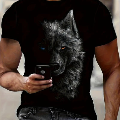 3D Digital Cool Wolf Contrast Color Eye Pattern Round Neck T-shirt, Men's Summer Outdoor Activity Fashion Top eprolo