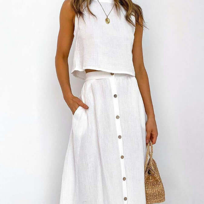 Women's Fashionable Simple Round Neck Vest Shirt Mid-length Dress Two-piece Suit eprolo