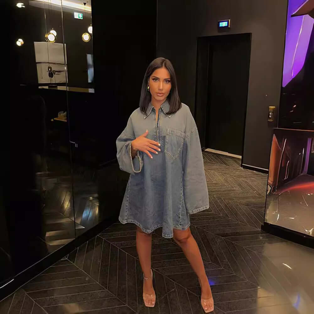 Lapel Patch Pocket Bell Sleeve Denim Dress eprolo