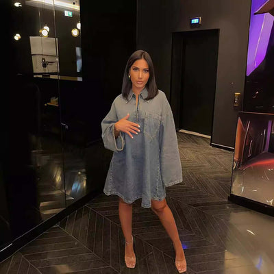 Lapel Patch Pocket Bell Sleeve Denim Dress eprolo