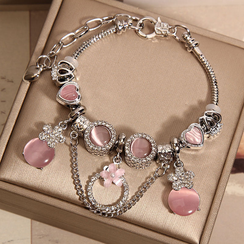 Women's Mori Style Pink Cat's Eye Cute Flowers Pendant Bracelet eprolo
