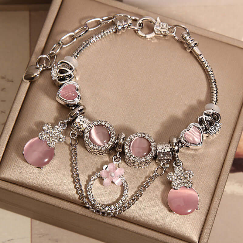 Women's Mori Style Pink Cat's Eye Cute Flowers Pendant Bracelet eprolo