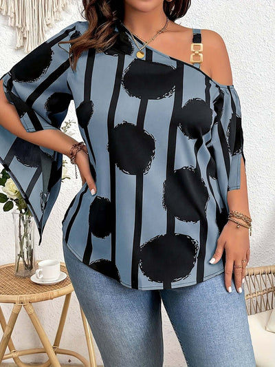 Women's Plus Size Printed Fashion Off-the-Shoulder Charming Chain Three-quarter Sleeve Blouse - Casual Top eprolo
