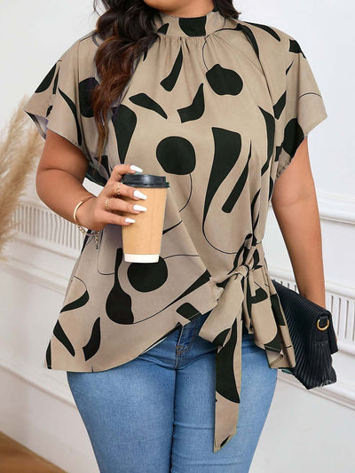 Plus-size Irregular Print Blouse For Women - Elegant Short-sleeve Work Top For Summer eprolo