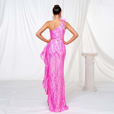 Elegant formal dress featuring sequins, single sleeve, and front slit