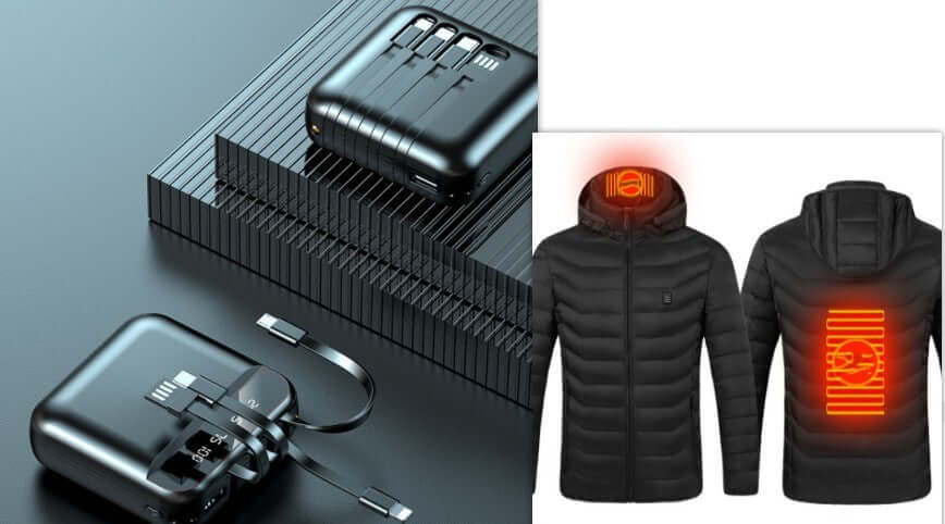 USB power bank and heated jacket featuring LED heating elements for warmth control in winter fashion.
