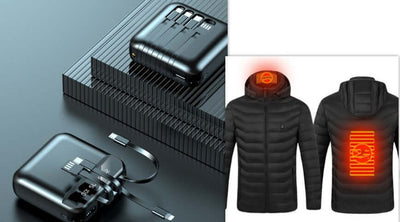 USB power bank and heated jacket featuring LED heating elements for warmth control in winter fashion.