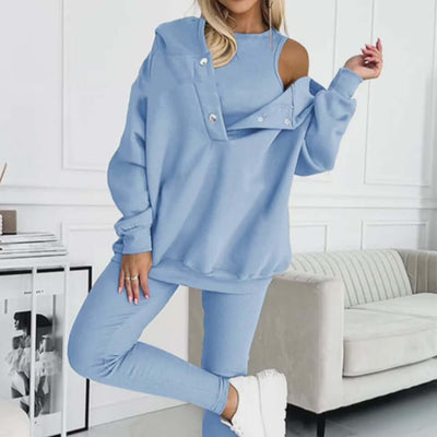 3pcs Women's Sports Suit Loose Hooded Pockets Sweatshirt And Vest And Slim Trousers eprolo