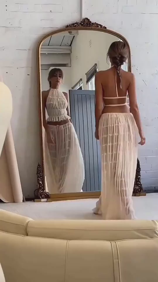 2pcs Women's Dress Suit Sexy Sleeveless Backless Cropped Halter Top And Pleated Long Skirt Beach Clothing eprolo video