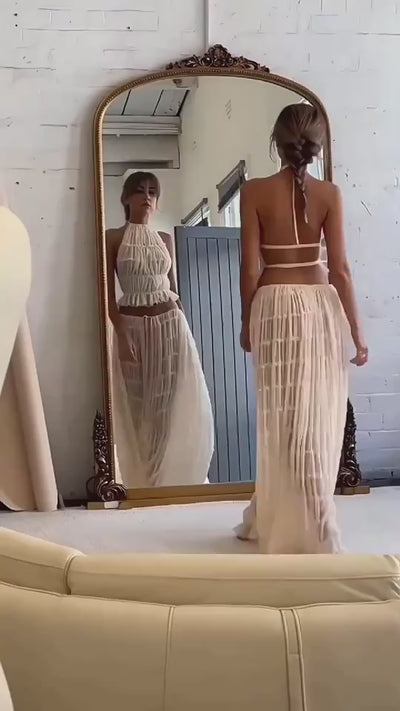 2pcs Women's Dress Suit Sexy Sleeveless Backless Cropped Halter Top And Pleated Long Skirt Beach Clothing eprolo video