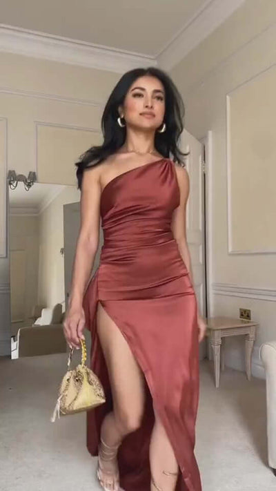 Sexy One-shoulder Backless Slit Dress Summer Elegant Slim-fit Solid Color Satin Dresses For Women Astrazona video