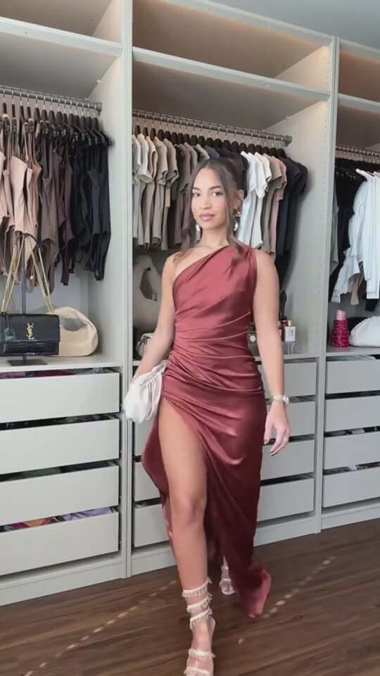 Sexy One-shoulder Backless Slit Dress Summer Elegant Slim-fit Solid Color Satin Dresses For Women Astrazona video