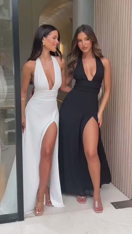Sexy Halterneck V-neck Slit Dress Summer Backless Strappy Skirt Fashion Temperament Clothing Women Astrazona video