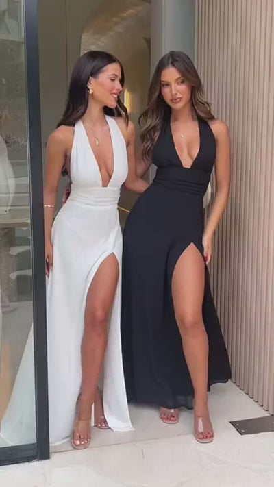 Sexy Halterneck V-neck Slit Dress Summer Backless Strappy Skirt Fashion Temperament Clothing Women Astrazona video