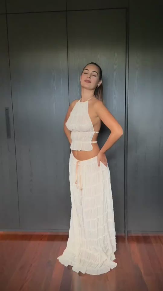 2pcs Women's Dress Suit Sexy Sleeveless Backless Cropped Halter Top And Pleated Long Skirt Beach Clothing eprolo video