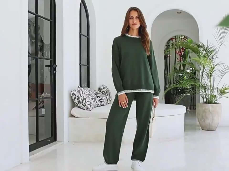 Women's Suit Fashion Pullover Split Long-sleeved Top And Loose Straight Pants Solid Color Two-piece Set eprolo