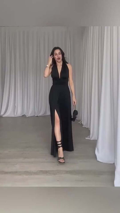 Sexy Halterneck V-neck Slit Dress Summer Backless Strappy Skirt Fashion Temperament Clothing Women Astrazona video
