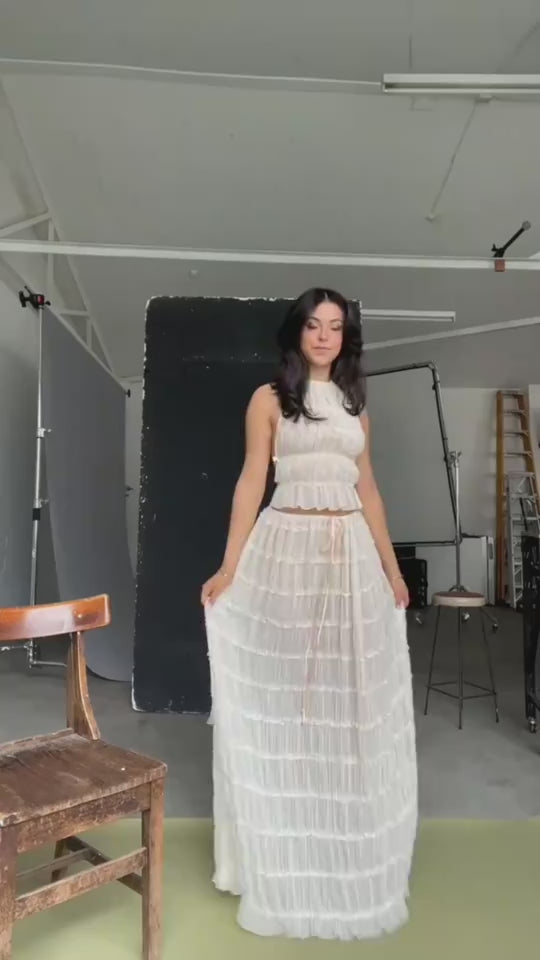 2pcs Women's Dress Suit Sexy Sleeveless Backless Cropped Halter Top And Pleated Long Skirt Beach Clothing eprolo video